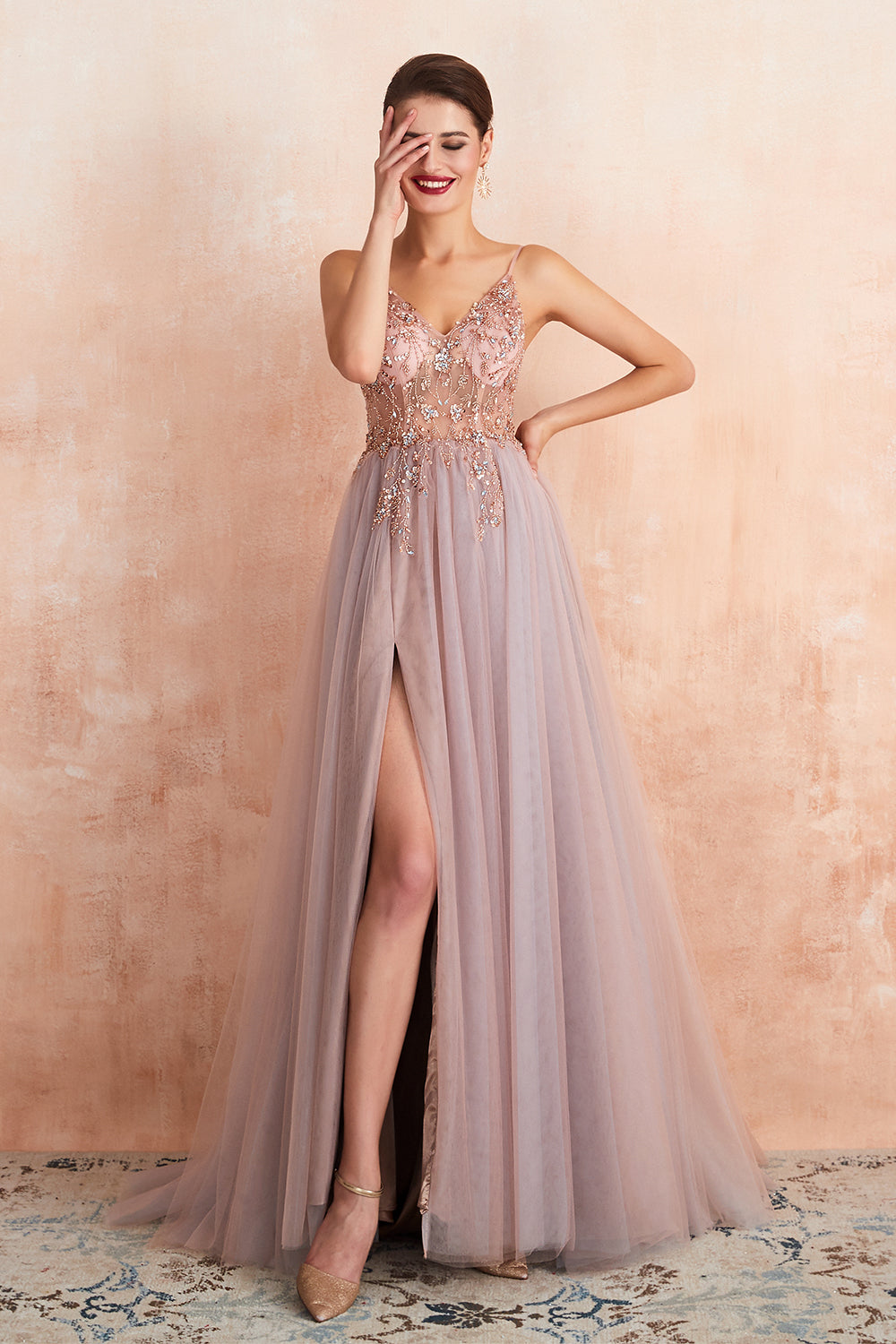 Long V-neck Tulle Beaded A-line Prom Dress with Slit