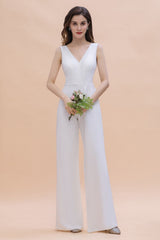Chic White Deep V-neck Bridesmaid Dress Backless Floor Length Jumpsuit