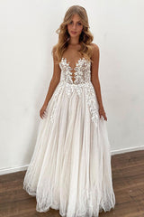 Gorgeous Long Tulle Appliques Lace A-line Floor Length Wedding Dresses