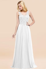 A-line Chiffon Appliques V-neck Sleeveless Floor Length Bridesmaid Dresses with Crystals