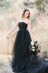 Elegant Long A-line Strapless Tulle Floor Length Black Wedding Dress