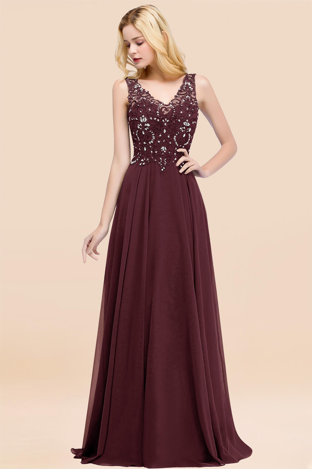 A-line Chiffon Appliques V-neck Sleeveless Floor Length Bridesmaid Dresses with Crystals