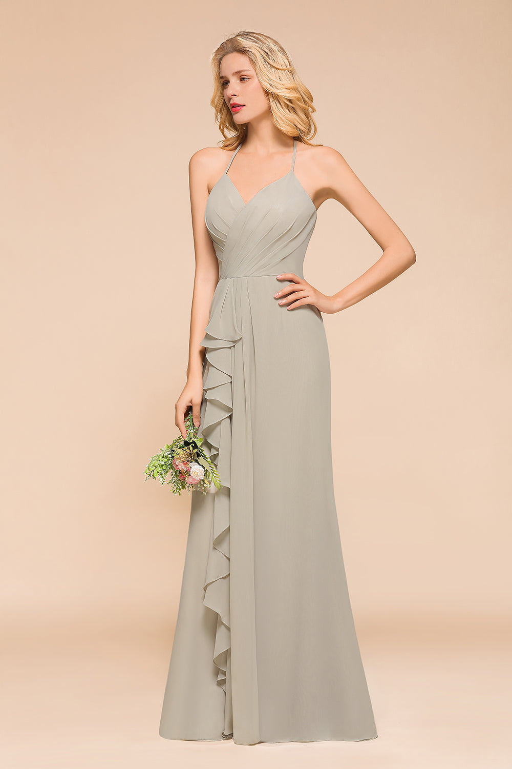 Stunning Halter V-neck Chiffon A-line Floor Length Bridesmaid Dress With Ruffles Embellishment