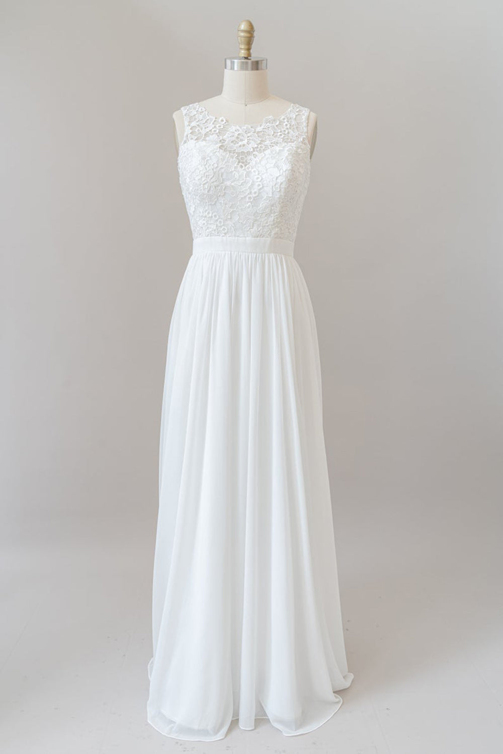 White Long A-line Straps Chiffon Lace Boho Wedding Dresses