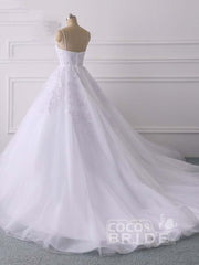 Long Ball Gown Spaghetti Straps Lace Tulle Ruffles Wedding Dresses