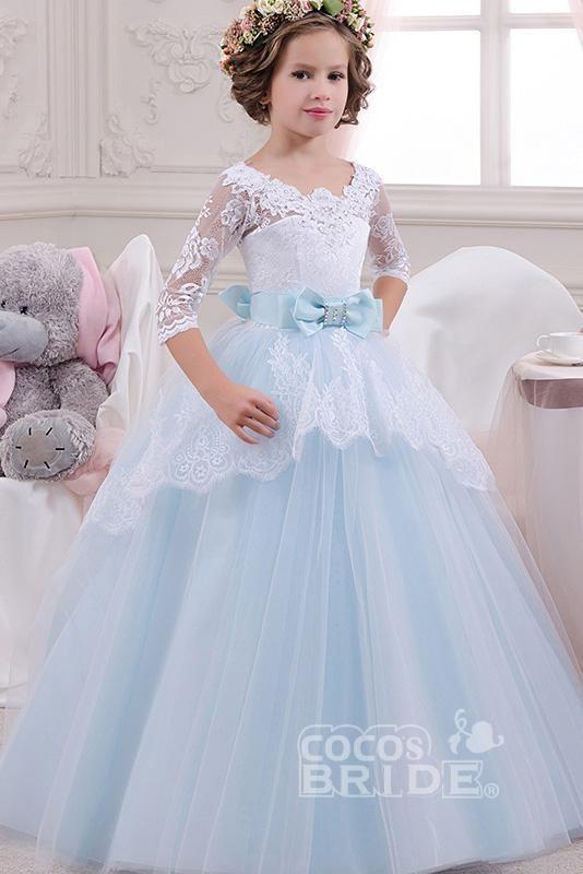 Long Tulle Lace Scoop Neck Ball Gown Flower Girl Dress with Sleeves