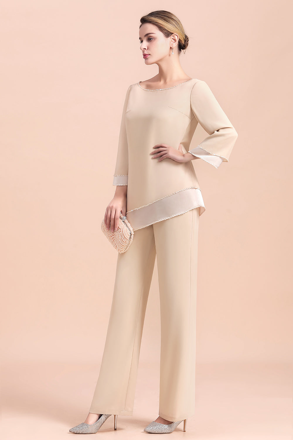 Chic Champagne Chiffon Long Sleeve Mother of Bride Jumpsuit