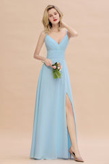 Vintage Spaghetti Straps V-neck A-line Chiffon Floor Length Bridesmaid Dress With Split