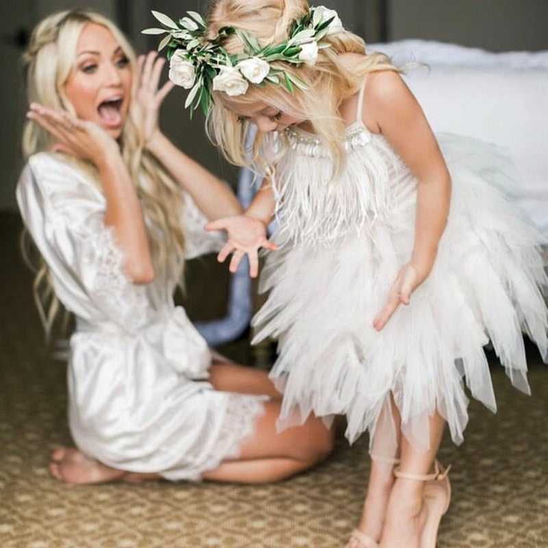 Cute A-line Tea Length Spaghetti Straps Feather Flower Girl Dresses