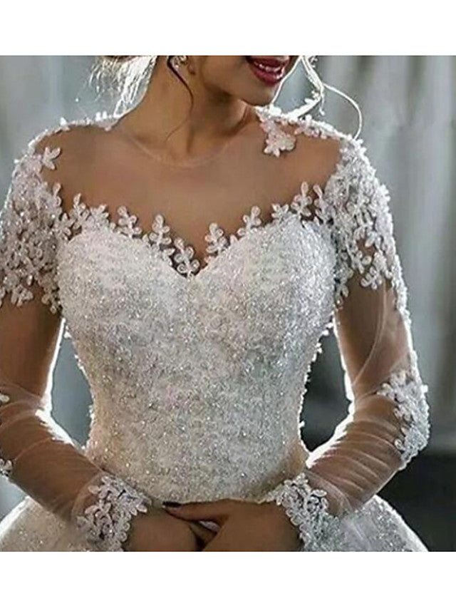 Long A-Line Jewel Neck Lace Tulle Wedding Dresses with Sleeves