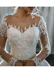 Long A-Line Jewel Neck Lace Tulle Wedding Dresses with Sleeves