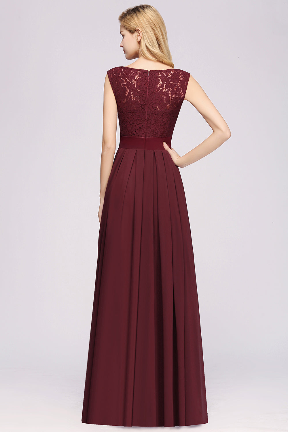 A-line Chiffon Lace Jewel Sleeveless Ruffles Floor Length Bridesmaid Dress