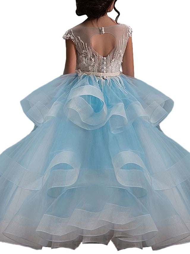 Ball Gown Tulle Short Sleeve Lace Pageant Flower Girl Dresses