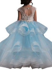 Ball Gown Tulle Short Sleeve Lace Pageant Flower Girl Dresses