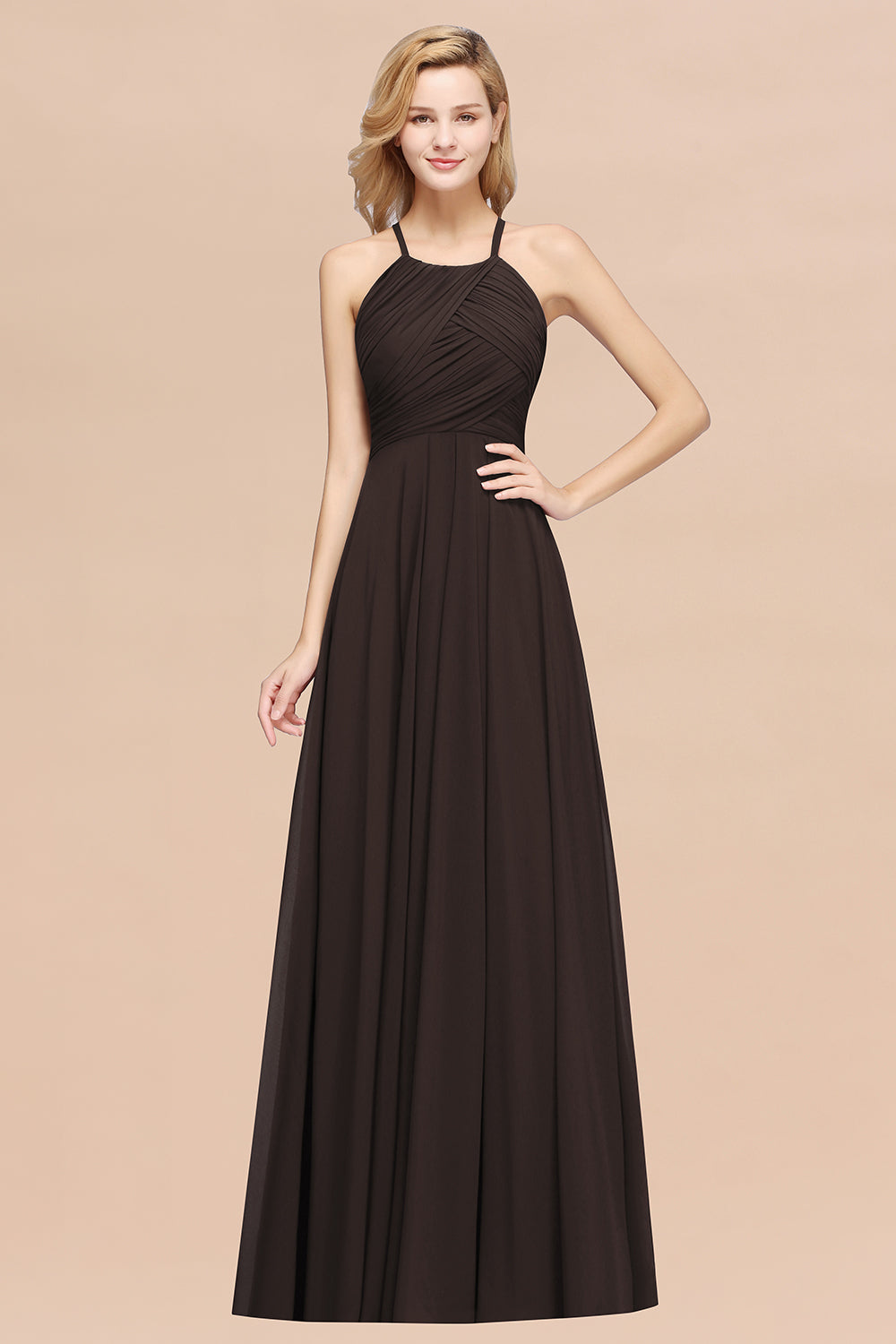 A-Line Chiffon Halter Ruffles Floor Length Bridesmaid Dress