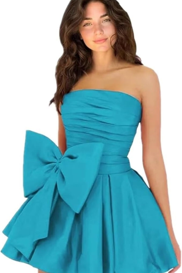 Simple Short A-line Strapless Sleeveless Ruffle Satin Homecoming Dress