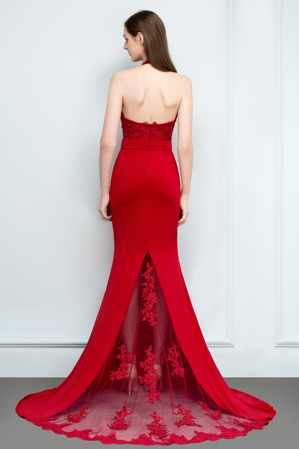 Long Halter Lace Satin Mermaid Red Evening Dress