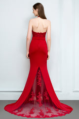 Long Halter Lace Satin Mermaid Red Evening Dress