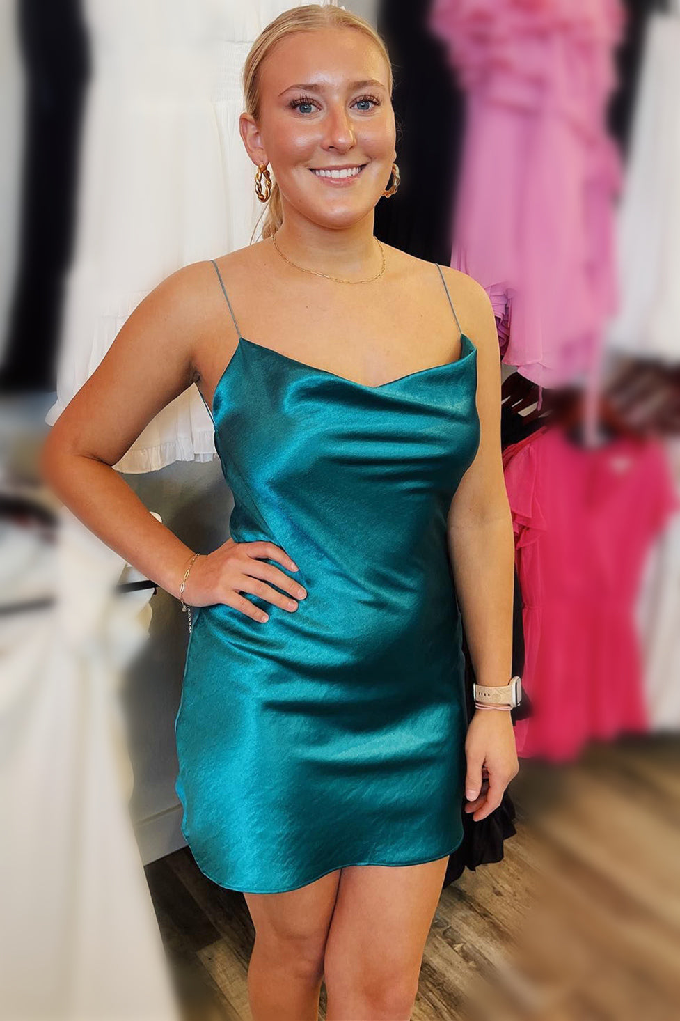 Cowl Neck Mermaid Straps Short Backless Homecoming Dress