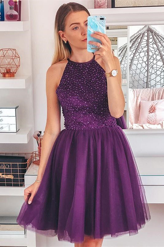 Cute A-line Tulle Beaded Short Party Homecoming Dress