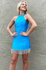 Cute Halter Mermaid Open Back Short Homecoming Dress with Tassel