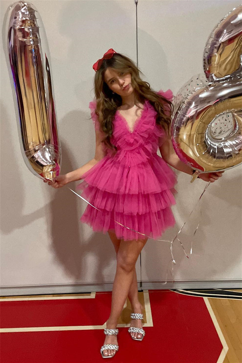 A-line V-neck Ruffled Tiered Tulle Short Homecoming Dress