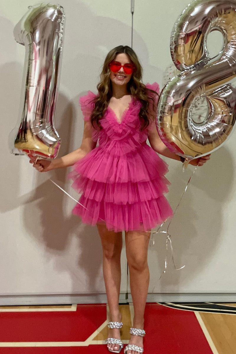 A-line V-neck Ruffled Tiered Tulle Short Homecoming Dress