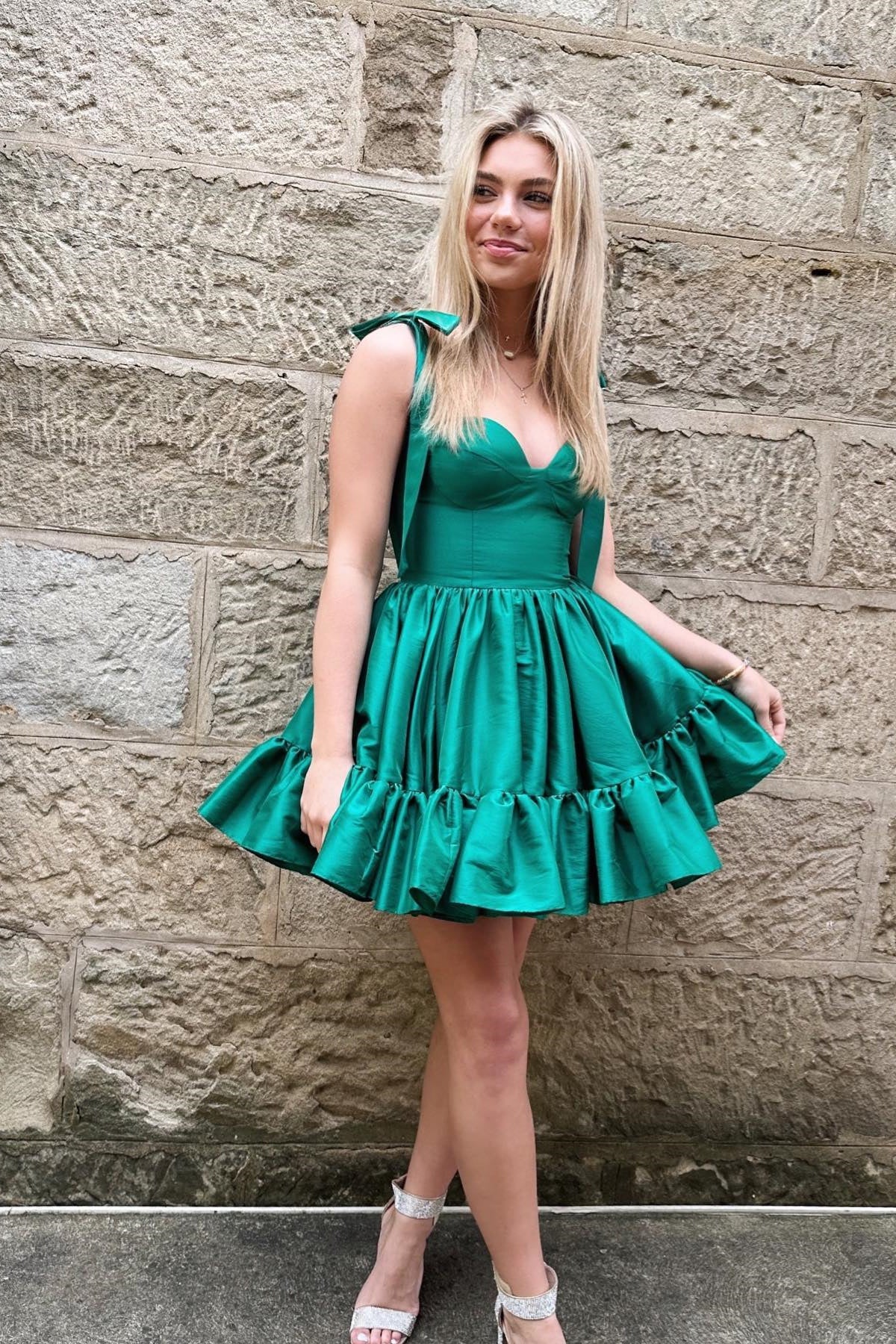 Cute A-line Tie Straps Satin Ruffle Short Homecoming Dress