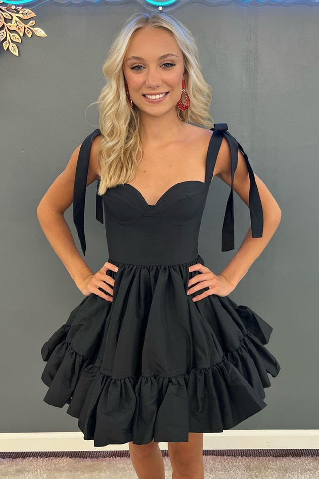 Cute A-line Tie Straps Satin Ruffle Short Homecoming Dress
