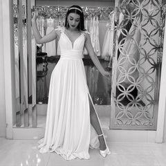 Simple Long A-line V-neck Lace Chiffon Wedding Dress with Slit