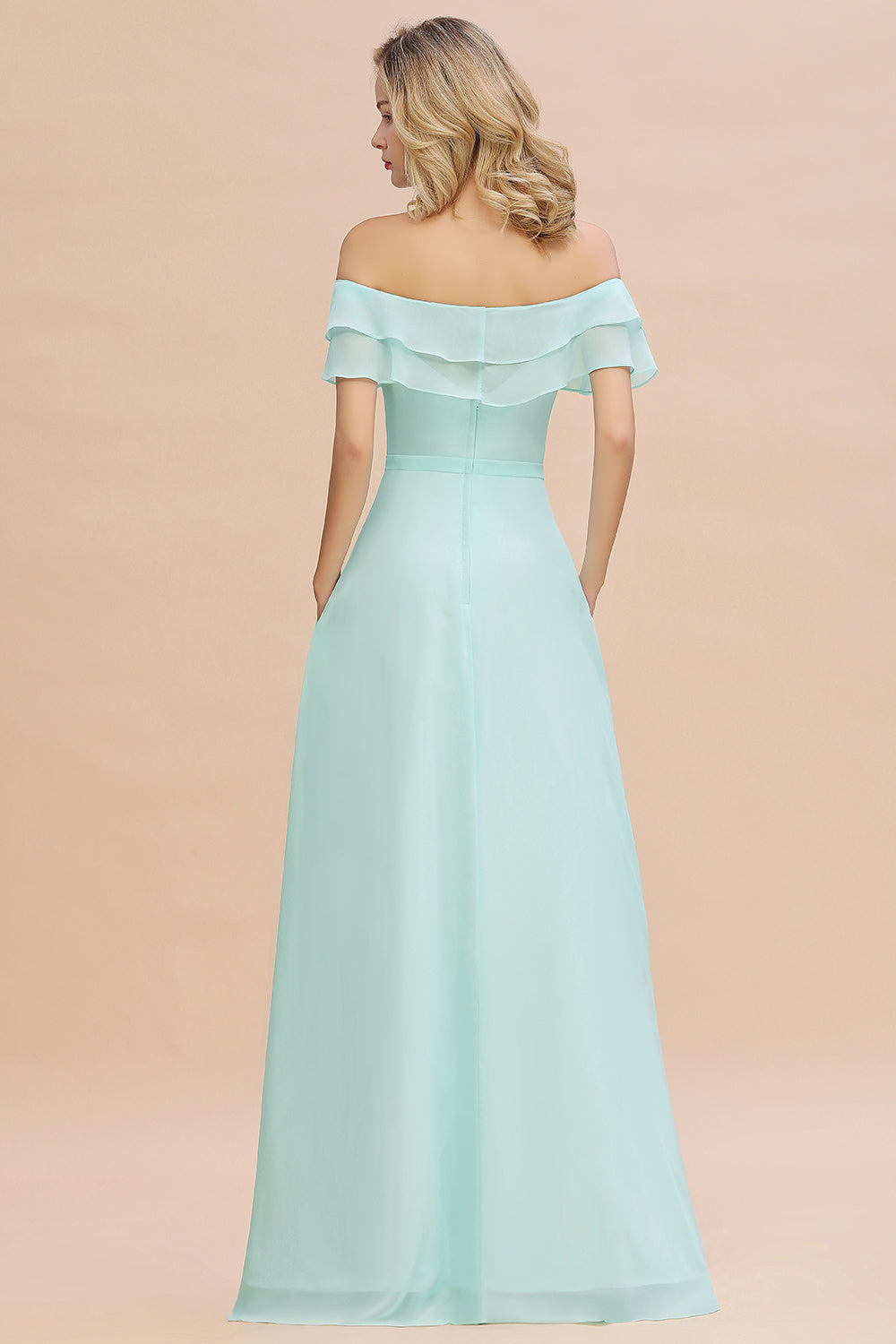 Off the Shoulder Front Slit Mint Green Long Bridesmaid Dress