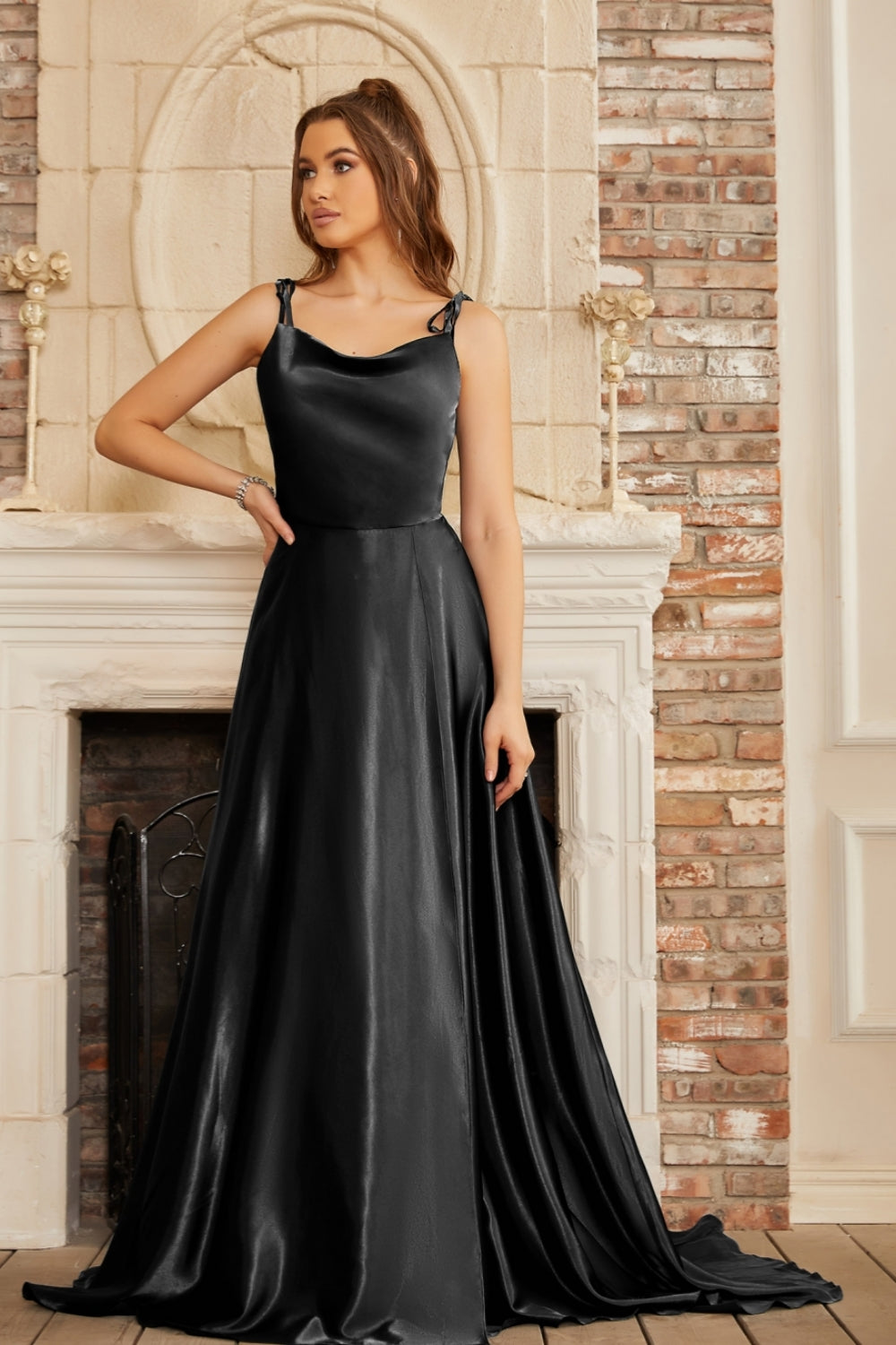 Elegant Long A-line Satin Backless Formal Prom Dresses with Slit