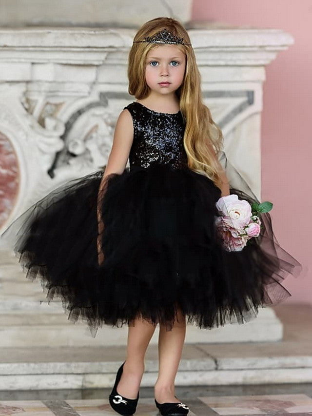 Short Black Ball Gown Sequin Tulle Sleeveless Jewel Neck Girl Party Dresses