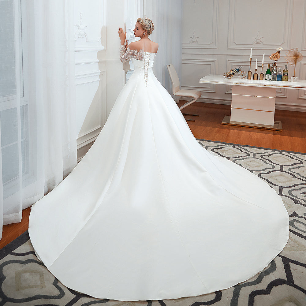 Stunning Off the Shoulder Long Sleeve A-Line Satin Church Wedding Dress
