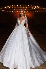 A-line Deep V-Neck Long Sleeve Floor Length Appliques Lace Wedding Dress