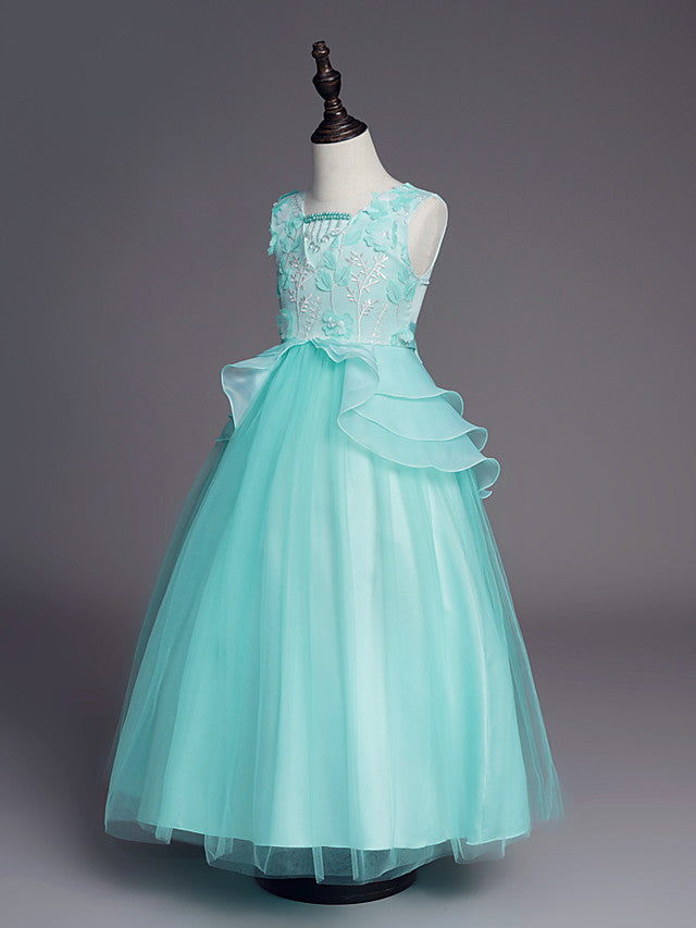 White Long A-line Tull Lace Sleeveless Jewel Neck Flower Girl Dresses