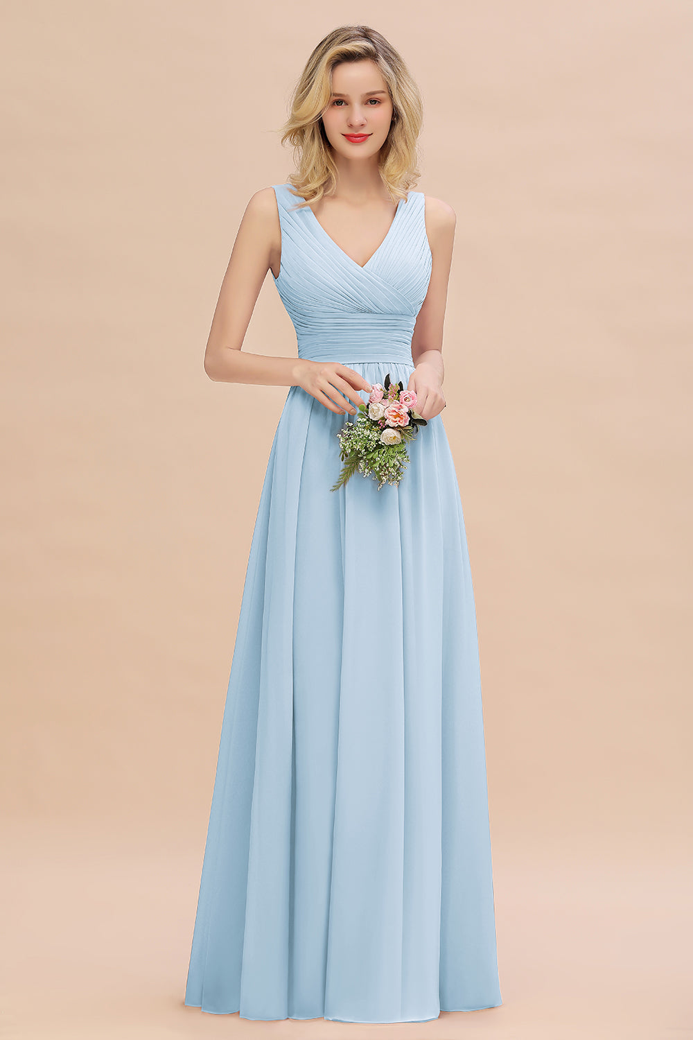 Elegant A-line V-Neck Ruffles Long Bridesmaid Dress