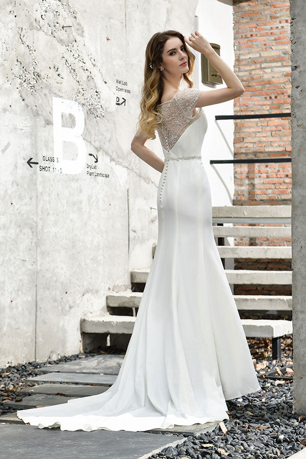 Long Mermaid Satin Lace Wedding Dress with Short Sleeve