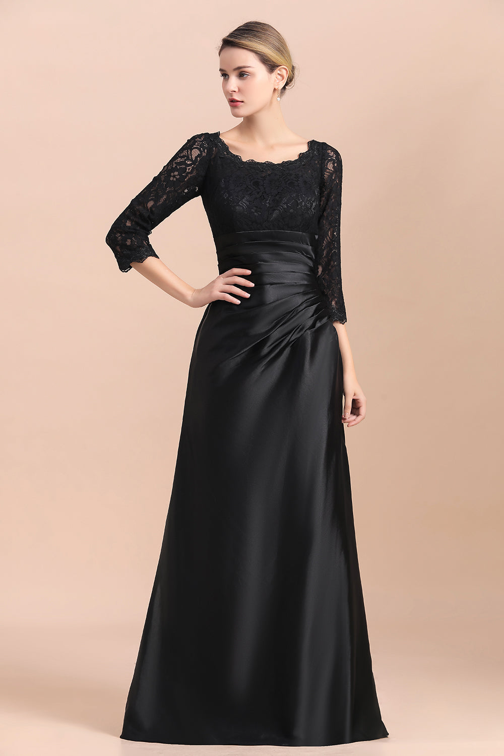 Elegant 3/4 Sleeves Black Satin Lace Ruffles Evening Dresses