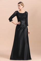 Elegant 3/4 Sleeves Black Satin Lace Ruffles Evening Dresses