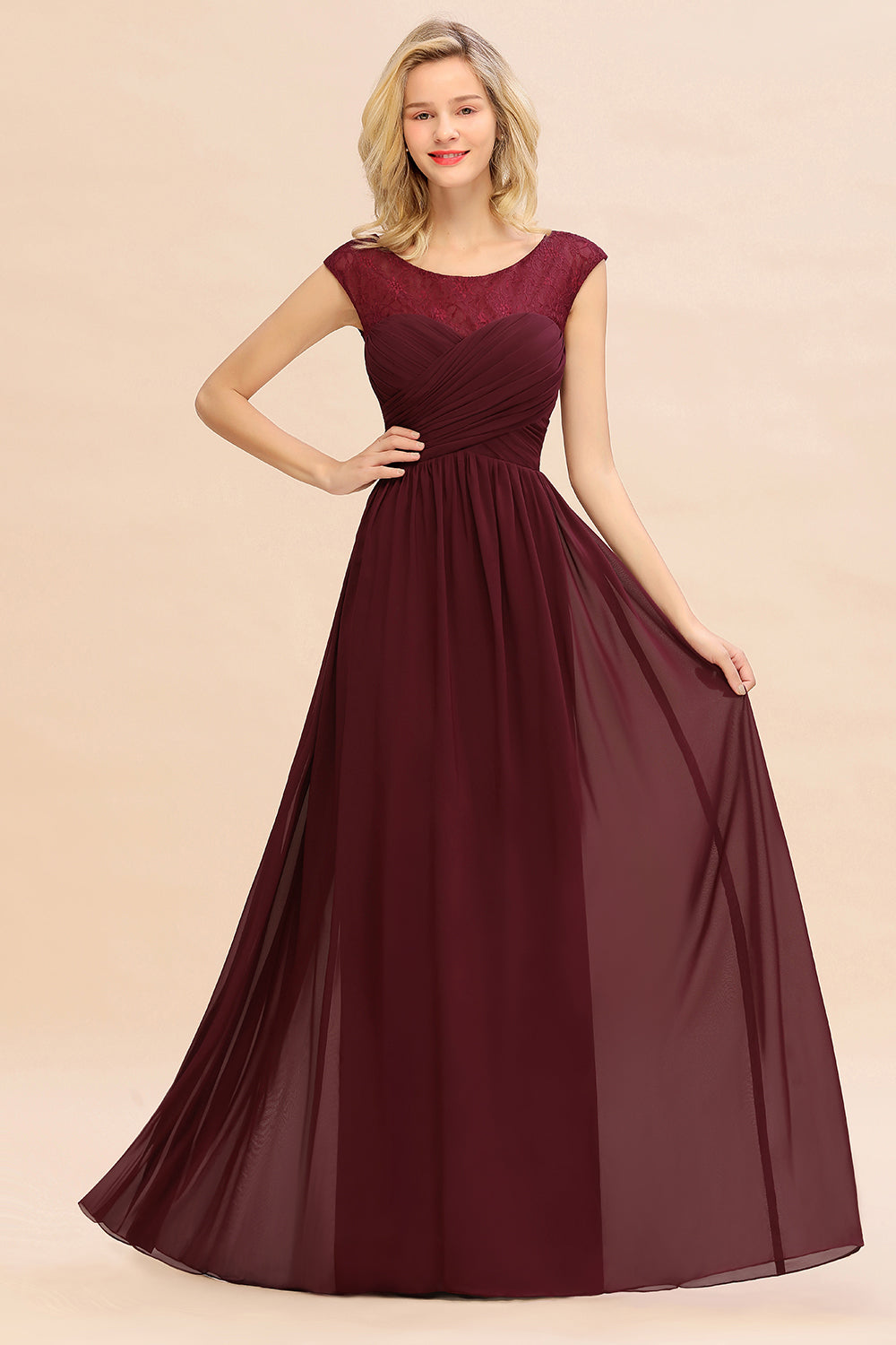 Chic Bateau A-Line Chiffon Party Dress Floor Length Ruffles Prom Dress