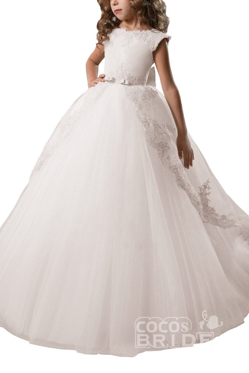 Long Tulle Scoop Neck Lace Ball Gown Flower Girl Dress