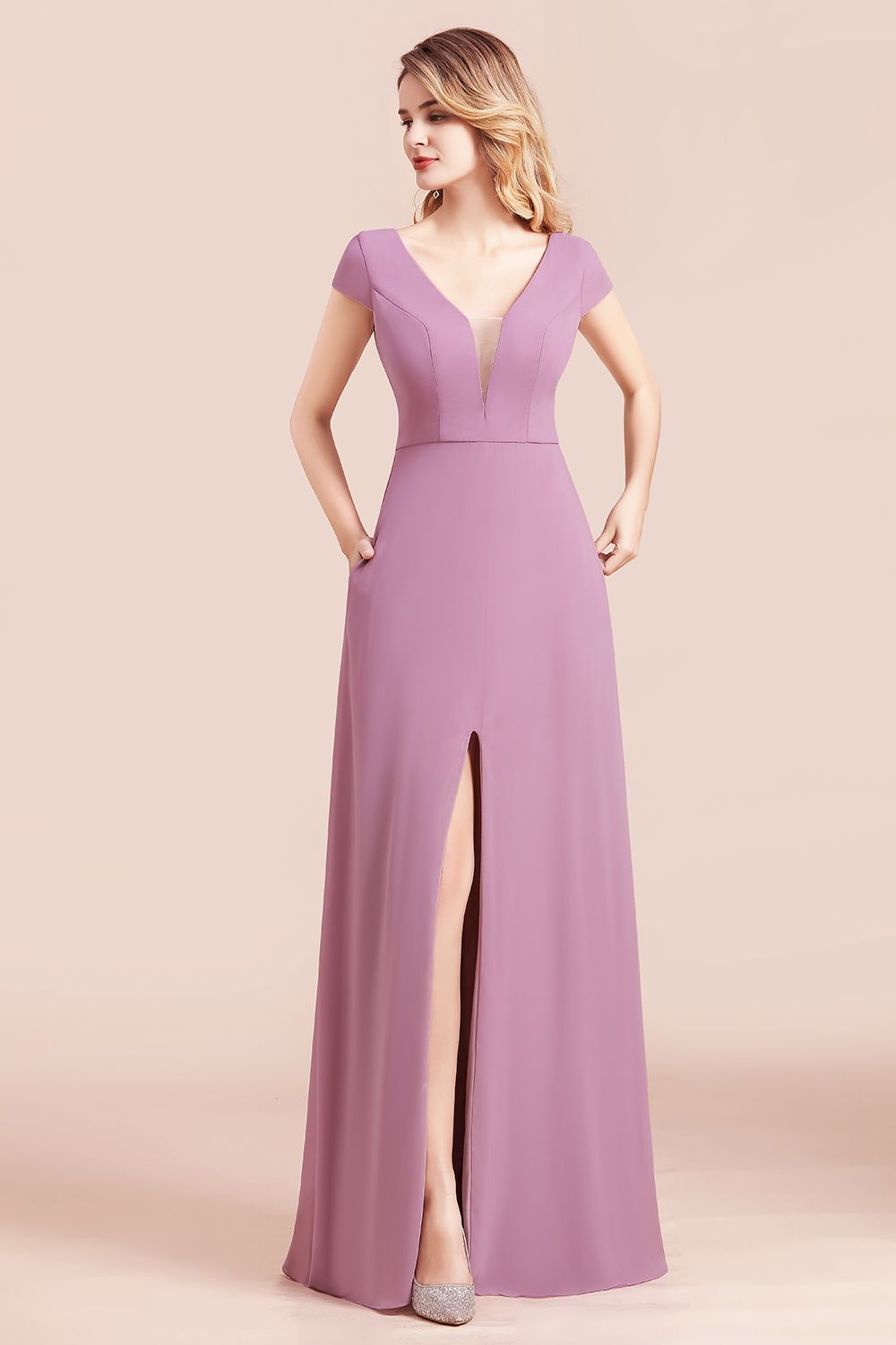 Stylish V-neck Backless A-Line Short Sleeves Chiffon Bridesmaid Dress Wth Side Slit Pockets