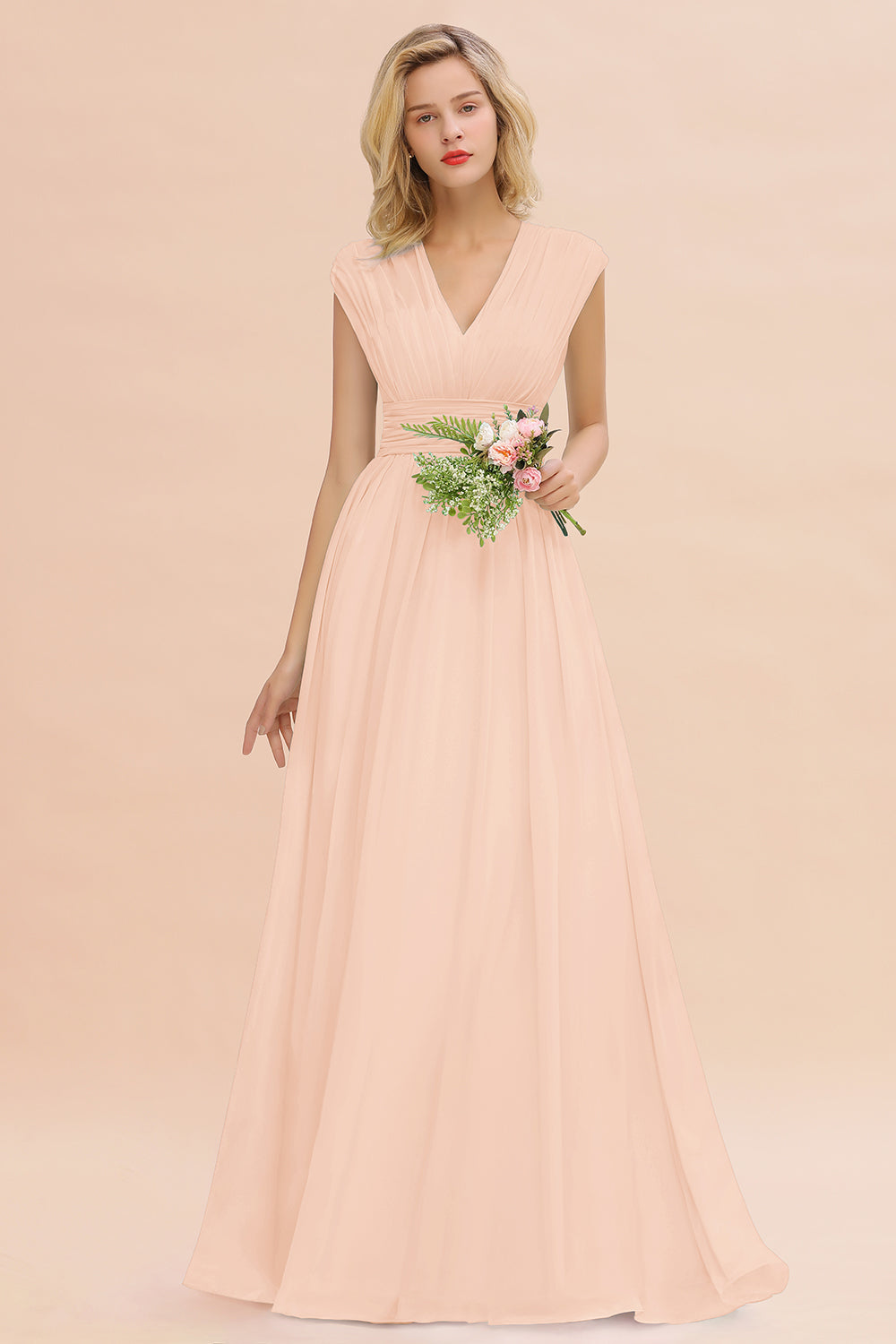 Chiffon V-Neck Sleeveless Elegant A-line Ruffles Bridesmaid Dress