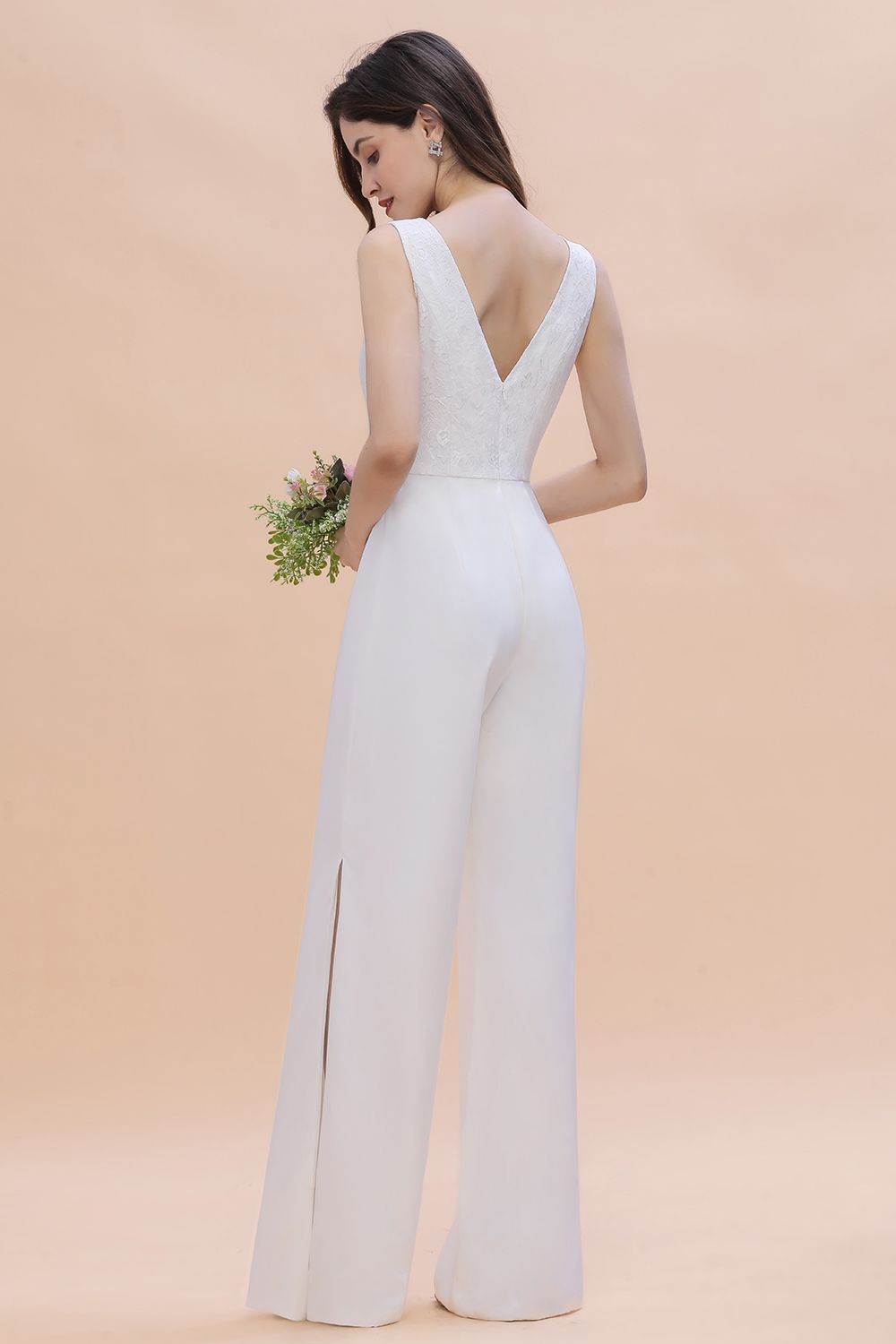 Chic White Deep V-neck Bridesmaid Dress Backless Floor Length Jumpsuit