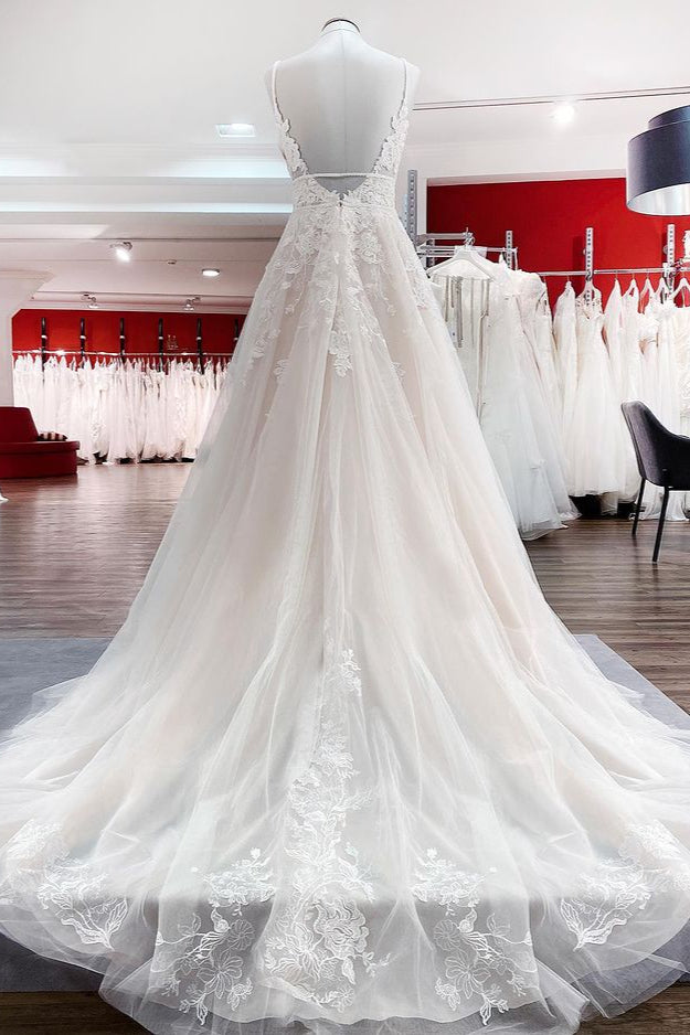 Long A-line V-neck Tulle Sleeveless Ruffles Appliques Lace Backless Wedding Dress