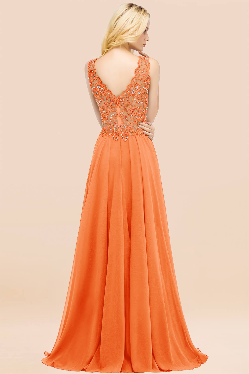 A-line Chiffon Appliques V-neck Sleeveless Floor Length Bridesmaid Dresses with Crystals