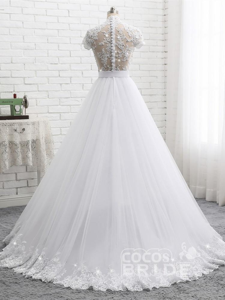 Elegant Long A-line Sweetheart Lace Beaded Tulle Wedding Dresses with Short Sleeves