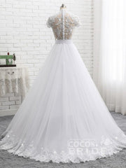 Elegant Long A-line Sweetheart Lace Beaded Tulle Wedding Dresses with Short Sleeves