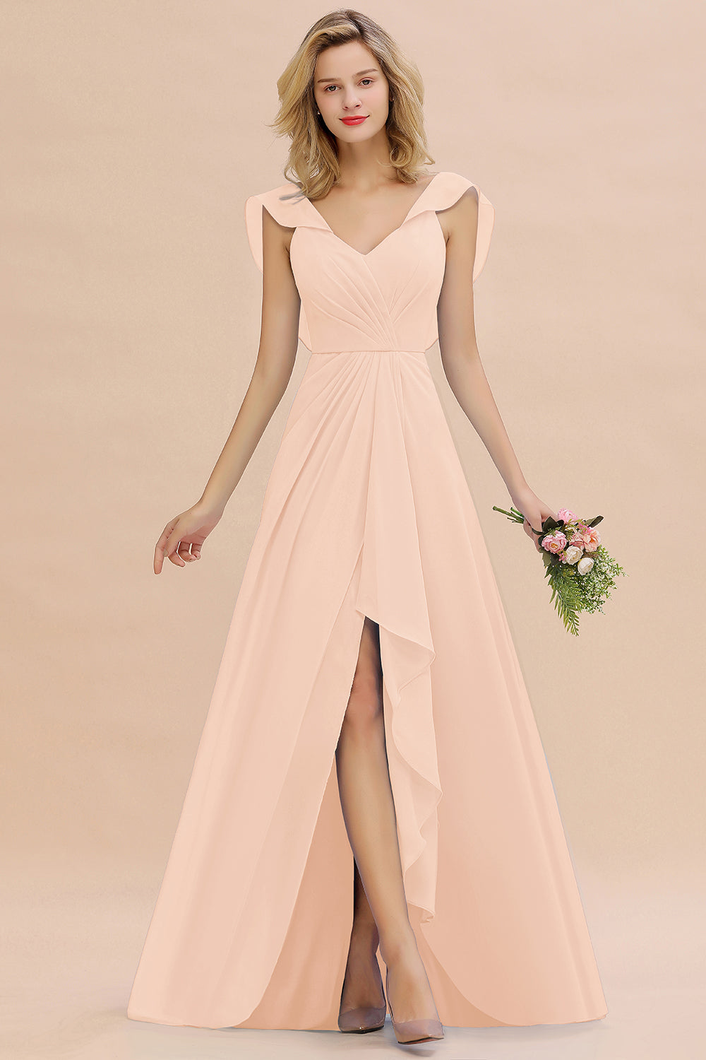 Simple High Low A-line V-Neck Ruffles Chiffon Pearl Pink Bridesmaid Dress